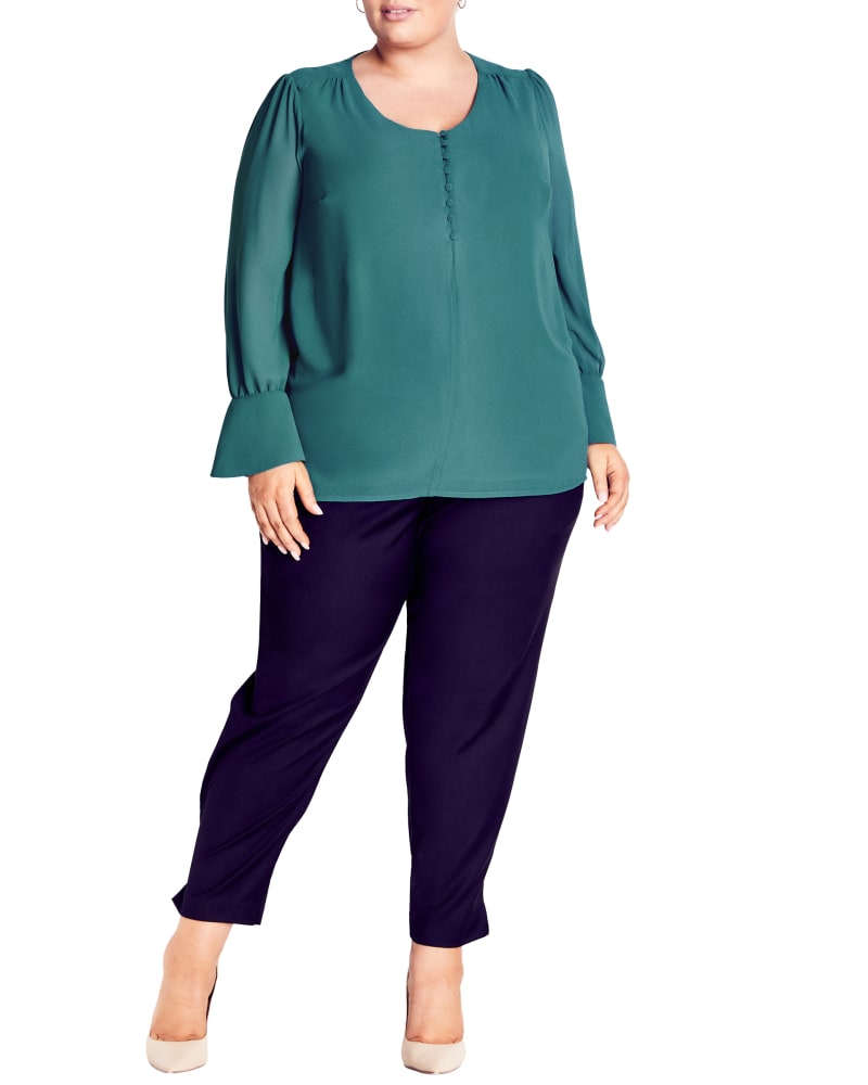 Front of a model wearing a size 18 BLOUSE ALENA in Teal by Ave Studio. | dia_product_style_image_id:302730